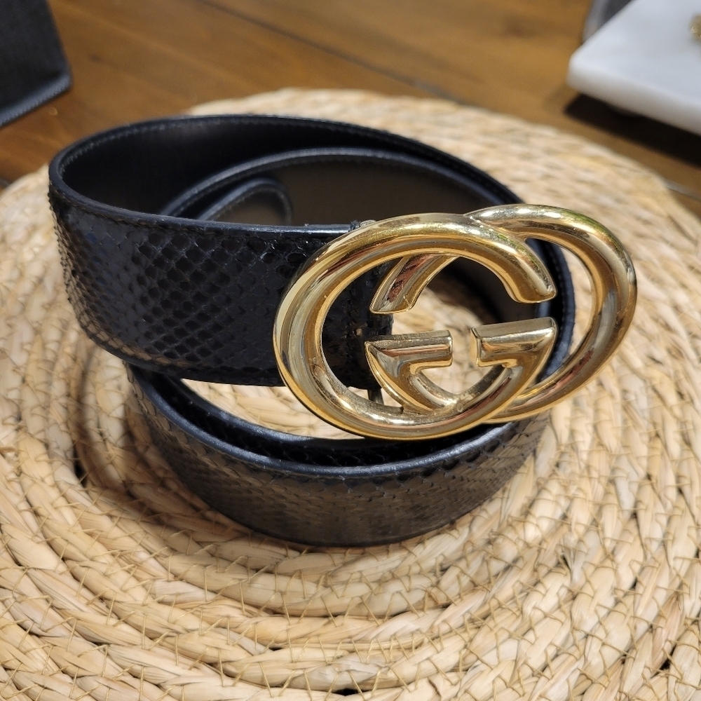 Vintage GUCCI Black Python Snake Leather Belt Gold Buckle GG Size 85
